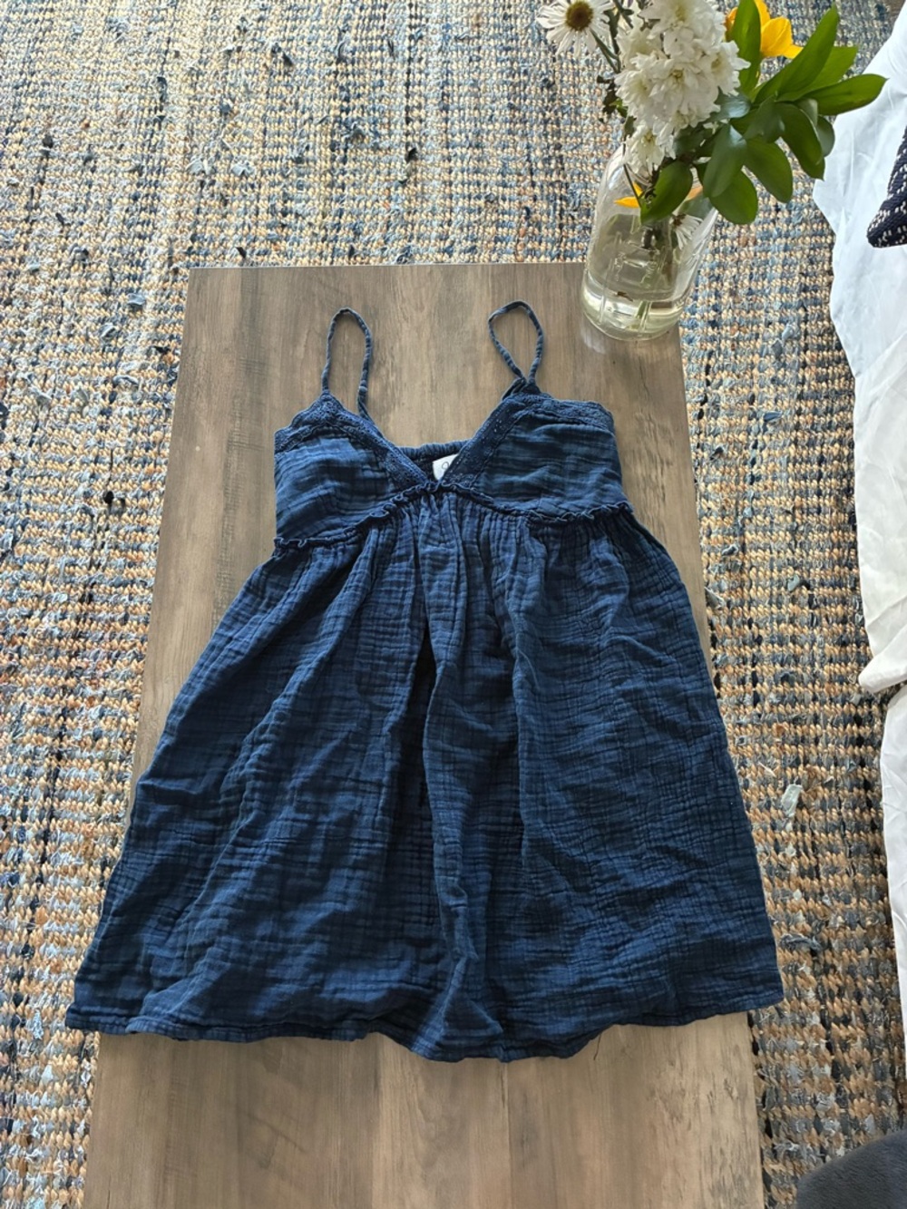 Japna Navy Blue Gauze Spaghetti Strap Dress